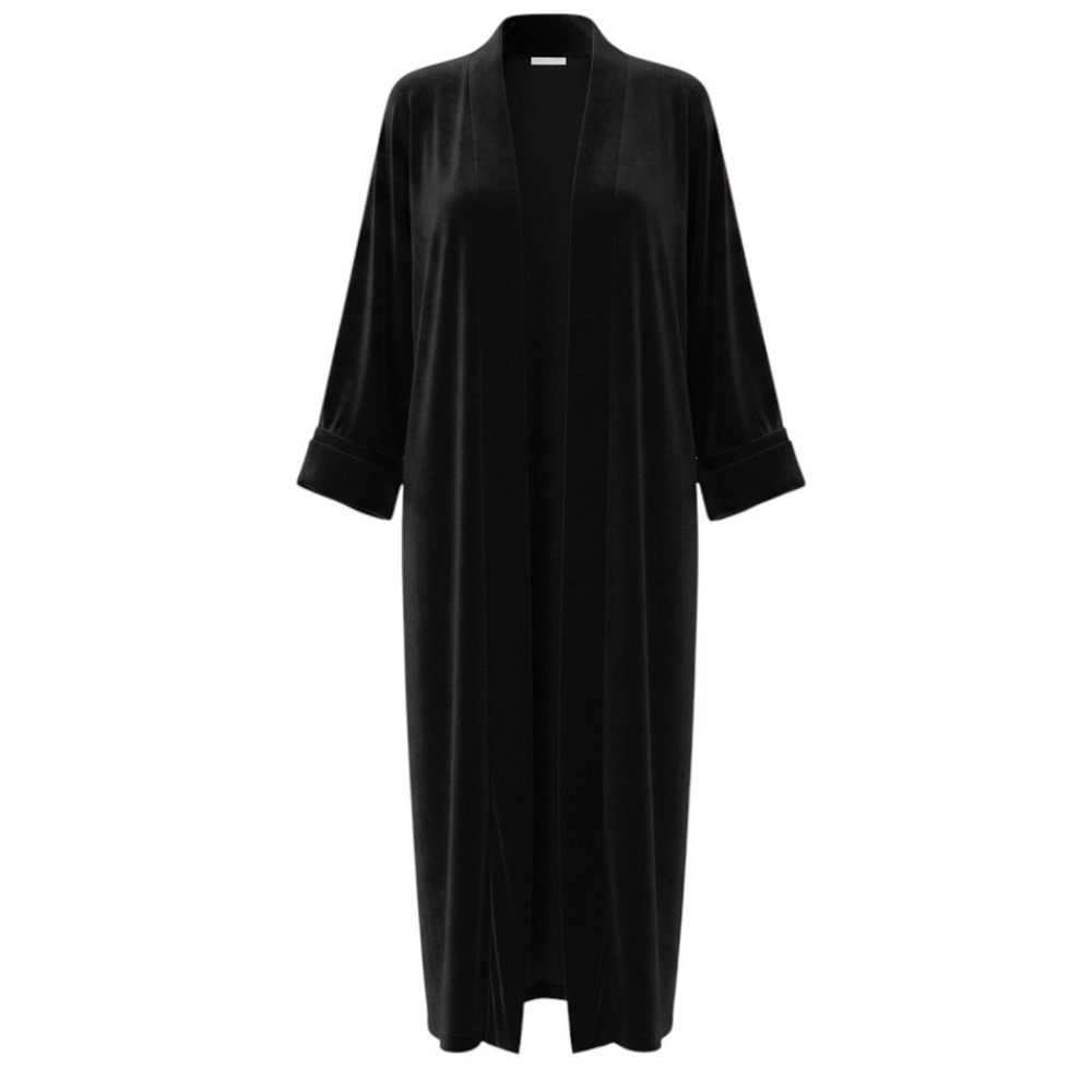Vintage Velvet Duster Coat Black Long Shawl Collar Open Front Cuffed Lined L/XL - Picture 2 of 10